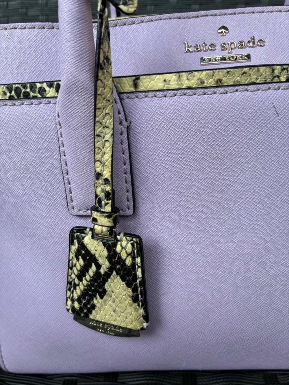 kate spade lilac satchel with yellow snake-print trim
